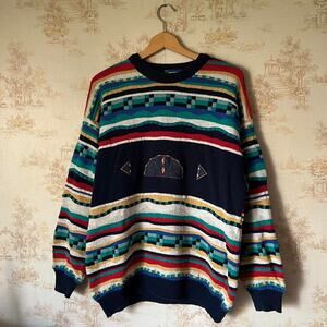 90s Lago Made In Italy Multi-Colored Coogi Style 3D Sweater 23.5x28”